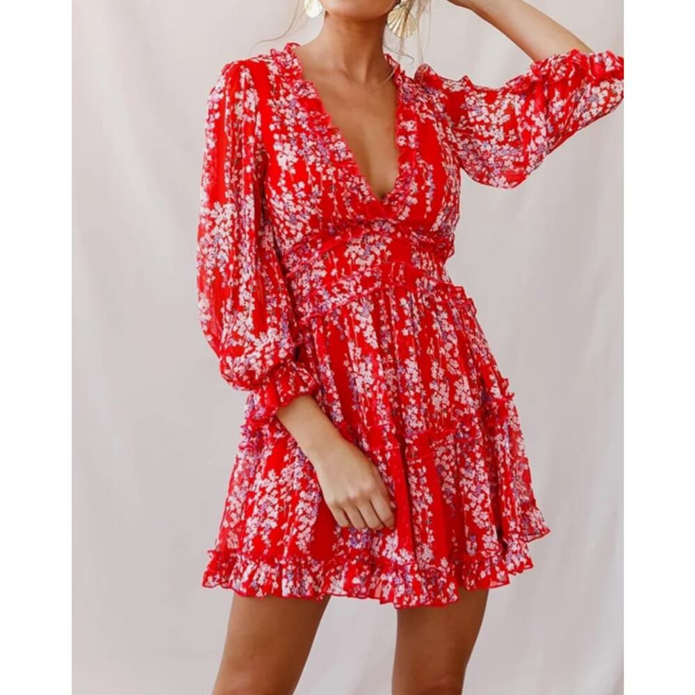 R Vivimos Deep V neck RED ruffle Floral Boho Swingline Mini Dress / Keyhole Back